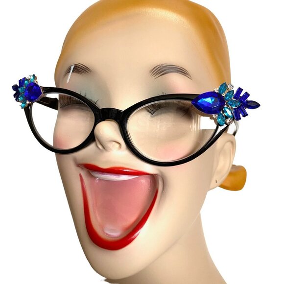 Vixen Readers shiny Jet frames with bright blue and aqua rhinestones +.50 main image 2